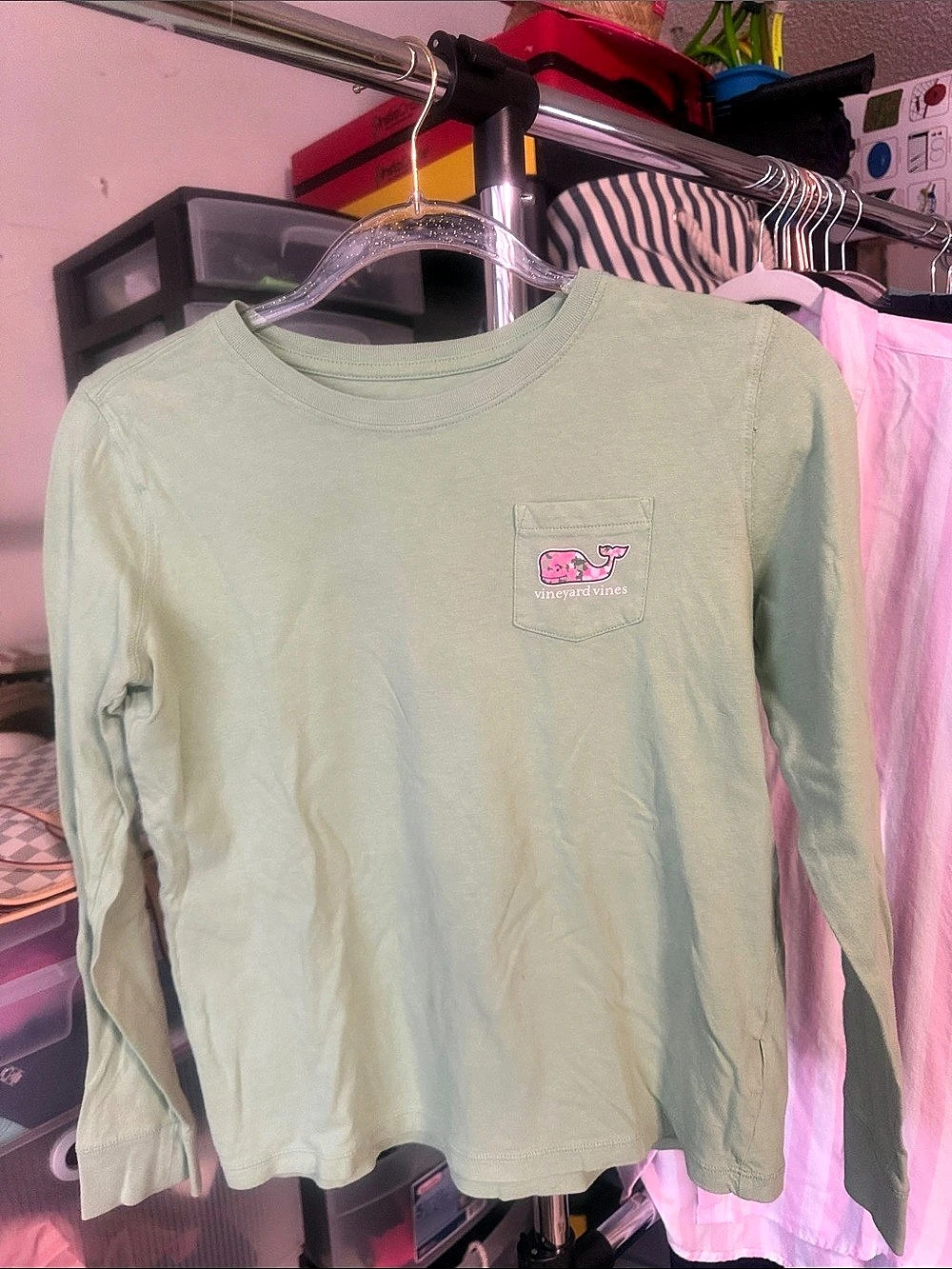 vineyard vines Long-Sleeve Floral Whale Pocket Tee Green & Pink Girls Size 14